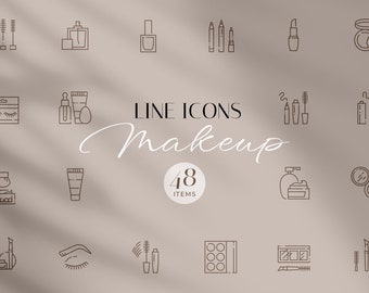 May include: A set of 48 line icons depicting various makeup products, including mascara, lipstick, eyeshadow palettes, eyeliner, foundation, and more. The icons are in black and white and are arranged in a grid on a light brown background. The text "LINE ICONS Makeup 48 ITEMS" is displayed in the center of the image.