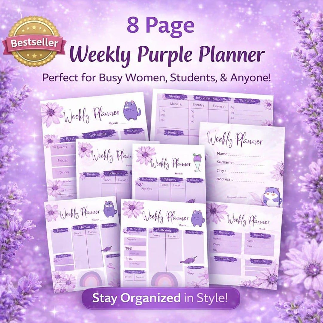 8 Page Weekly Purple Planner Printable | Cute Aesthetic Weekly Planner ...