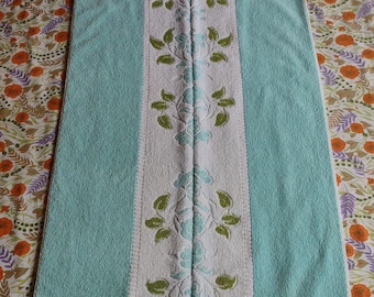 Set of 2 Vintage Turquoise Floral Towels / retro towels / midcentury towels /seventies towels / vintage striped floral towels / 70s towels