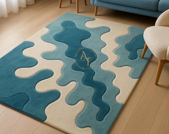 Hand Tufted Wool Rug: Presto Blue & White Modern Rug