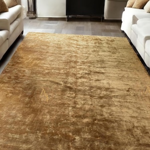 Handgeweven zijden (viscose) vloerkleed - massief goud luxe vloerkleed, modern vlak tapijt voor woonkamer, slaapkamer, huis, keuken en eetkamer