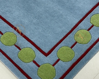 Hand Tufted Blue Area Rug- Modern Minimal Border Design, Luxury Living Room Rug, Custom Size Carpet