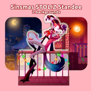 May include: A cartoon standee featuring two characters embracing, set against two different backgrounds: a night scene with a crescent moon and a city skyline at sunset. The standee has the text "Sinsmas STOLIZ Standee 2 backgrounds".