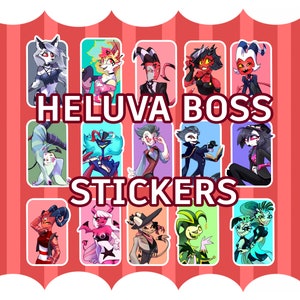 Op de afbeelding: Een set van 12 stickers met personages uit de animatieserie "Heluva Boss". De stickers zijn kleurrijk en bevatten een verscheidenheid aan personages, waaronder een rode demon met hoorns, een blauwe demon met een kroon en een groene demon met een hoge hoed. De stickers zijn perfect om een ​​persoonlijke touch toe te voegen aan laptops, waterflessen en andere items.