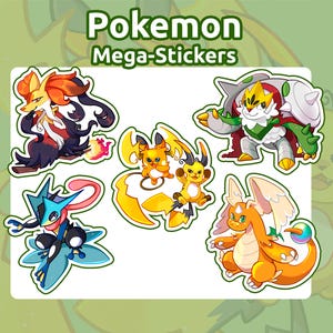 Puede incluir: Una hoja de pegatinas Mega-Stickers de Pokémon con varios personajes de dibujos animados coloridos. Las pegatinas incluyen una criatura parecida a un zorro con pelaje naranja y negro, un personaje parecido a una rana azul y negra.