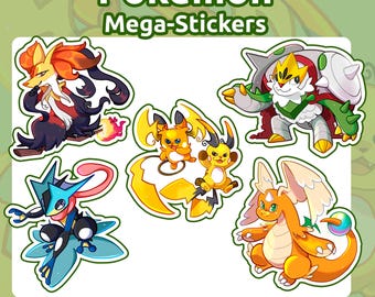 MEGAS/ STICKERS 5 Pc Pack / Dragonite Greninja Chesnaught Delphox Raichu