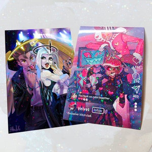 May include: Two pairs of colorful, cartoon characters with haloes and wings. The characters are in a glittery, holographic style. The image includes text that reads "You look so cute together. Velvet follow Exclusive Vitch club."