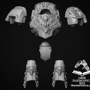 Peut inclure: Ensemble d'armures miniatures grises, comprenant des épaulières, une plaque de poitrine avec un motif d'aigle et des jambières. Les pièces sont finement conçues avec des motifs et des symboles gravés, suggérant un thème fantastique ou de science-fiction.