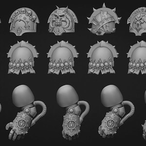May include: A collection of grey miniature gaming components including five distinct shoulder pads with skull and spiked motifs, five identical shoulder pads featuring a row of skulls, and five mechanical arms with gauntlets and tubing details.