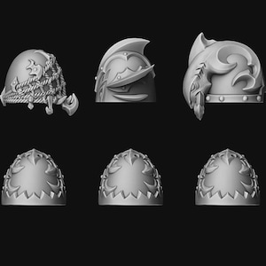Puede incluir: Una colección de diez hombreras en miniatura de color gris para figuras de juego, dispuestas en dos filas. La fila superior presenta cinco diseños únicos con detalles intrincados como calaveras, cuerdas y crestas, mientras que la fila inferior muestra cinco hombreras idénticas con un borde inferior dentado y puntiagudo.