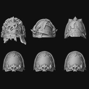 Puede incluir: Una colección de diez hombreras en miniatura de color gris dispuestas en dos filas. La fila superior presenta cinco diseños únicos con motivos de calaveras, cuernos y texturas. La fila inferior consta de cinco hombreras idénticas con una calavera.