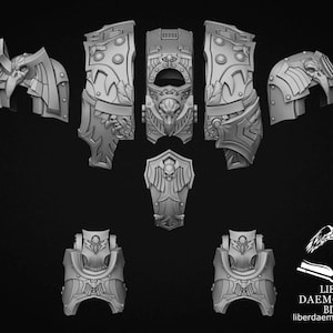 Peut inclure: Ensemble d'éléments d'armure gris et détaillés, comprenant des épaulières, des plaques de poitrine et des parties de casque. Les motifs présentent des motifs d'oiseaux et de crânes, suggérant un thème fantastique ou de science-fiction. Les pièces sont disposées sur fond sombre.