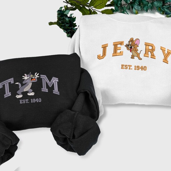Sudadera bordada de Tom y Jerry, sudaderas bordadas de dibujos animados, cuello redondo de tendencia, regalo de San Valentín, camisa de Navidad ECL226.230