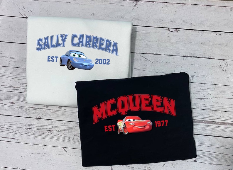 Bluzy z nadrukiem Mcqueen i Sally, samochody Mcqueen x Sally para, modny okrągły dekolt, walentynkowa koszula dla par, walentynkowa koszula PNIS001-002 zdjęcie 3