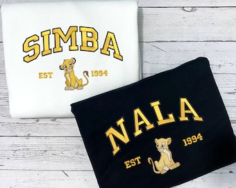 Pull couple Simba et Nala, sweat-shirts brodés de dessins animés, col rond tendance, chemise vintage, sweat à capuche brodé ECT027028