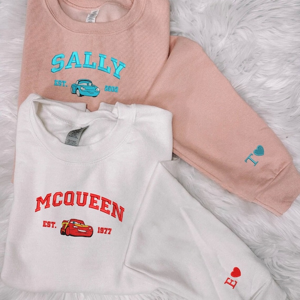 Cars Mcqueen x Sally Embroidered Sweatshirt, Cartoon Sweatshirts, Couple Christmas,  Trending Crewneck, Christmas Gift EH334.335.Hand