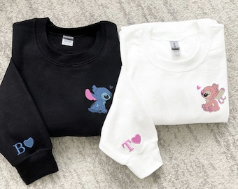 Stitch and Angel Embroidered Sweatshirt, Stitch Couple Shirts, Couple Cartoon Shirt, Valentine Gift, Valentine Couple EH343.344.TN.HAND