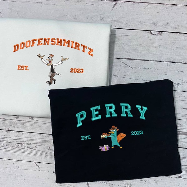 Perry and Doofenshmirtz Embroidered Sweatshirts, Phineas & Ferb Shirts, Trending Crewneck, Couple Shirt, Christmas Gift EH297.298