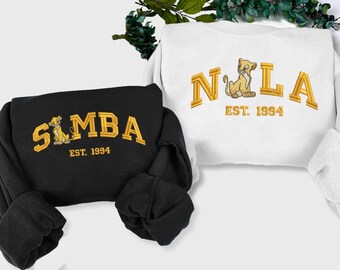 Sweat-shirts brodés Simba et Nala, chemises du Roi Lion, col rond tendance, chemise de couple, chemise cadeau pour ami, chemises de Noël EH472.473