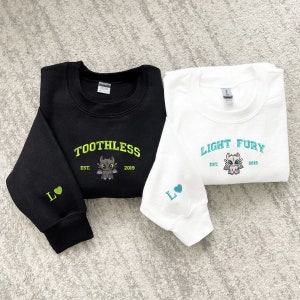 Toothless and Light Fury Embroidered Sweatshirt, Dragon's Couple Shirt, How To Train Your Dragon, Valentine, Couple Shirt EH361.362.HAND