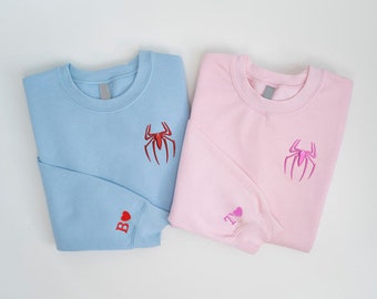 Spider Couple Embroidered Sweater, Cartoon Sweatshirts, Valentine Embroidered Sweatshirt, Trending Crewneck, Spiderman EH520.521.TN.Hand