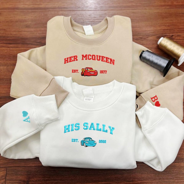 Her Mcqueen x His Sally Embroidered Sweatshirt, Cartoon Sweatshirts, Couple Christmas,  Trending Crewneck, Christmas Gift EH525.526.HAND