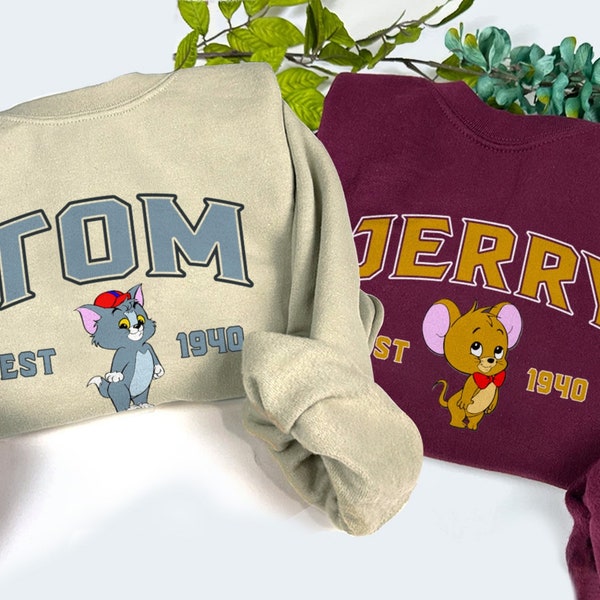 Dessin animé Tom et Jerry Print Sweatshirts, Sweat-shirt couple, Trending Crewneck, chemise vintage, Chemise couple, Chemise Saint-Valentin PNIS105-106