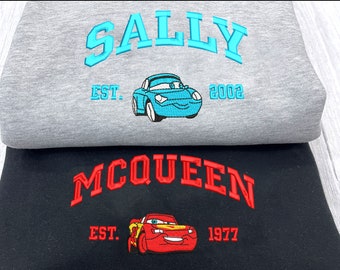 Cartoon Sweatshirts, Cars Mcqueen x Sally Embroidered Sweatshirt, Trending Embroidered Crewneck, Embroidery Hoodie ECT0030405