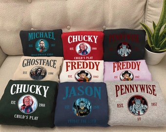 Horror Nightmare Halloween Print Sweatshirt, Halloween Horror Movie Shirt, Chucky, Ghostface, Scream, Freddy, Michael, Jason PK226-231