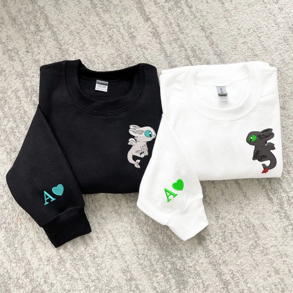 Toothless and Light Fury Embroidered Sweatshirt, Dragon's Couple Shirt, How To Train Your Dragon, Valentine Shirt, Couple EH467.468.TN.Hand