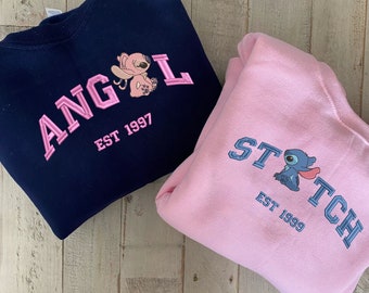 Stitch and Angel Embroidered Sweatshirt, Stitch Couple Shirts, Couple Cartoon Shirt, Valentine Gift, Valentine Couple EH530.531