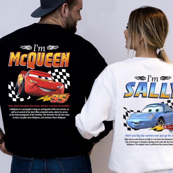 Camicia con stampa Mcqueen e Sally, coppia Cars Mcqueen x Sally, girocollo di tendenza, camicia abbinata a Cars, Im Lightning Sally Cars PSH017-020