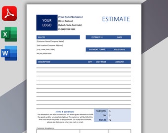 Job Estimate Template for Excel | PDF Editor | Acrobat Reader. Estimate Template Download. Construction Bid. Printable. Digital. LETTER & A4