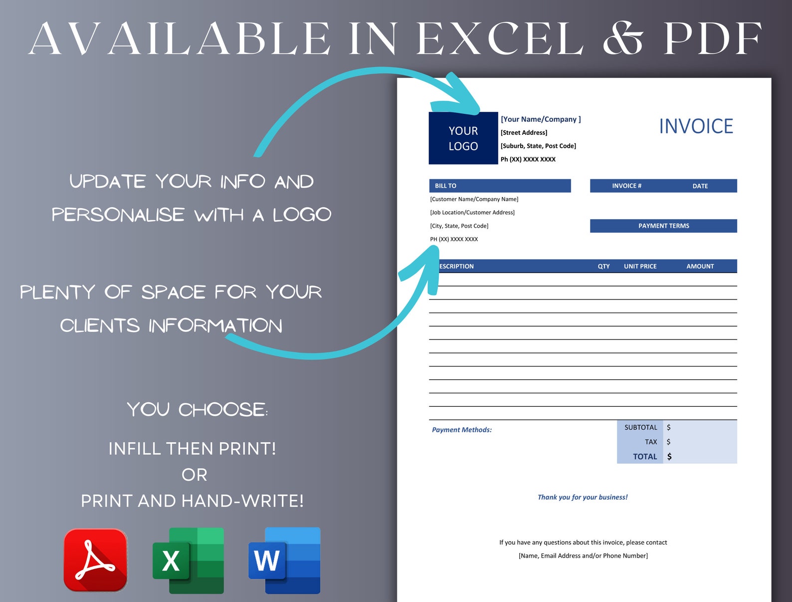 Invoice Template for Excel | PDF Editor | Acrobat Reader. Invoice ...