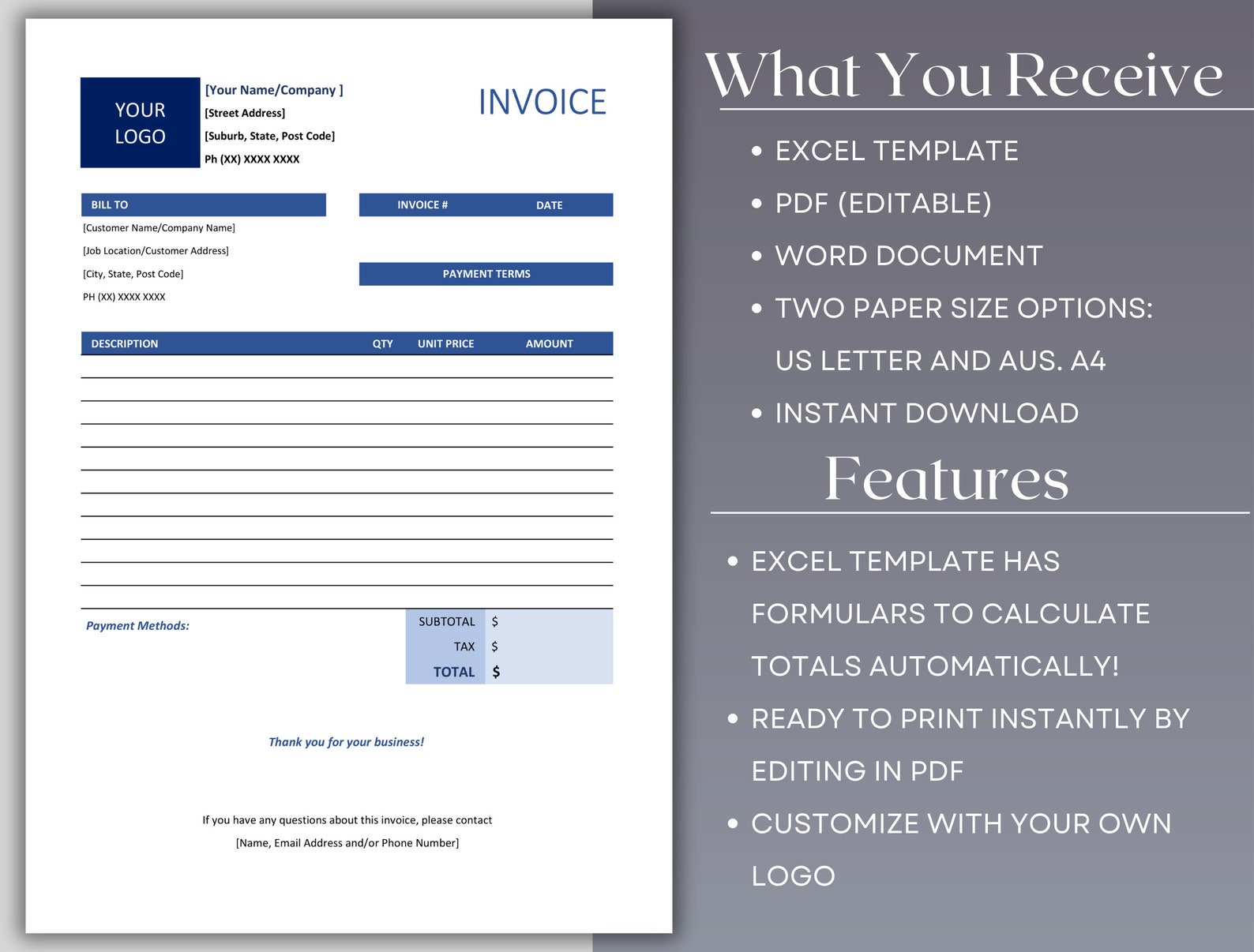 Invoice Template for Excel | PDF Editor | Acrobat Reader. Invoice ...