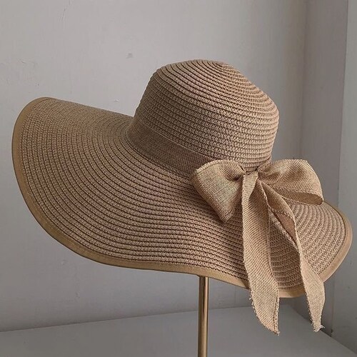 Wide Brim Straw Sun Hat Flat Brim Fedora Straw Hat Bow Etsy