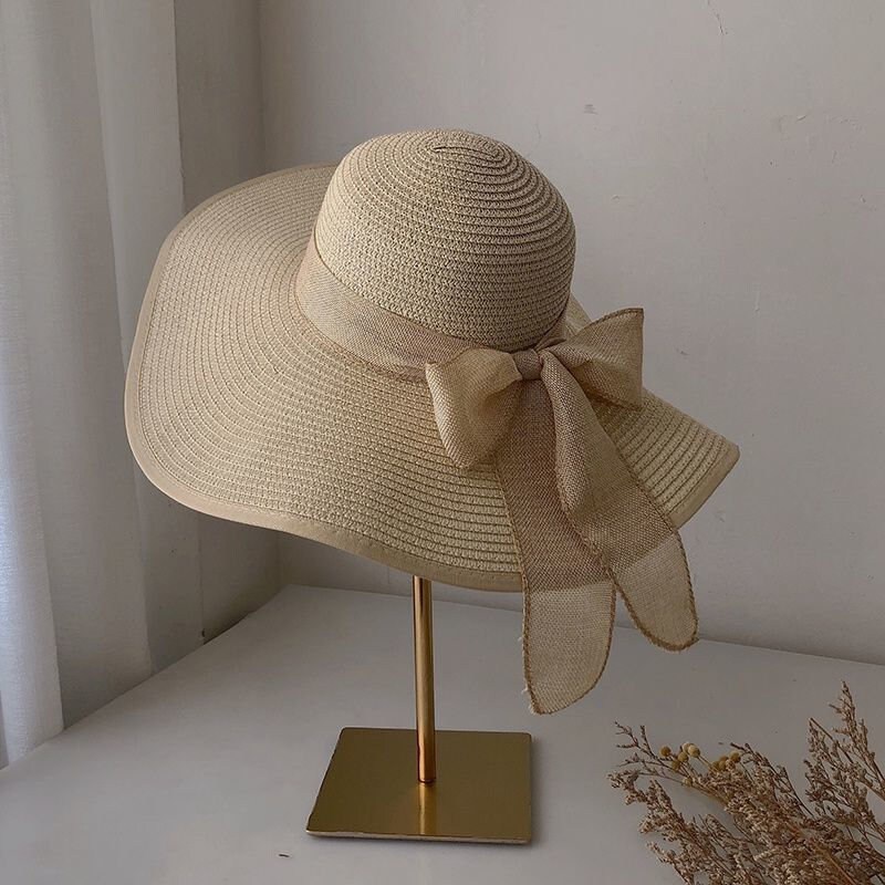 Wide Brim Straw Sun Hat Flat Brim Fedora Straw Hat Bow - Etsy