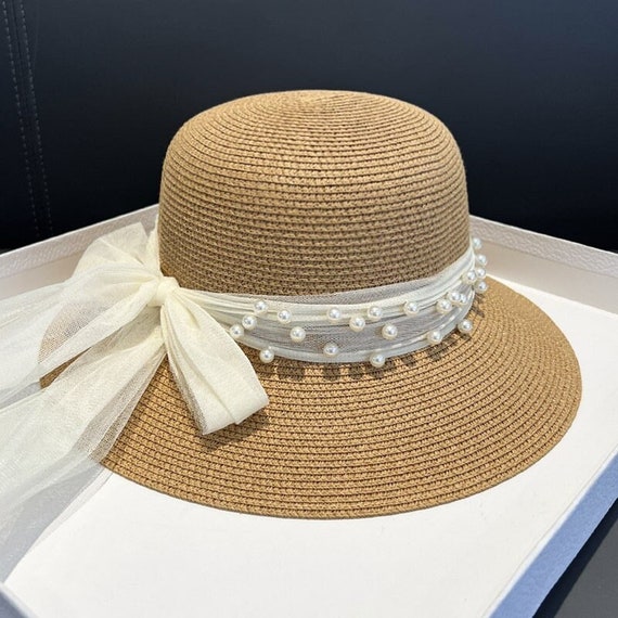 Pearls Lace Bow Straw Bucket Hat Photo Shoot Hat Beach - Etsy