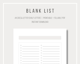 Printable blank list | Simple list template | Planner insert | Checklist | Two column list | A4 and Letter size | Printable and fillable PDF