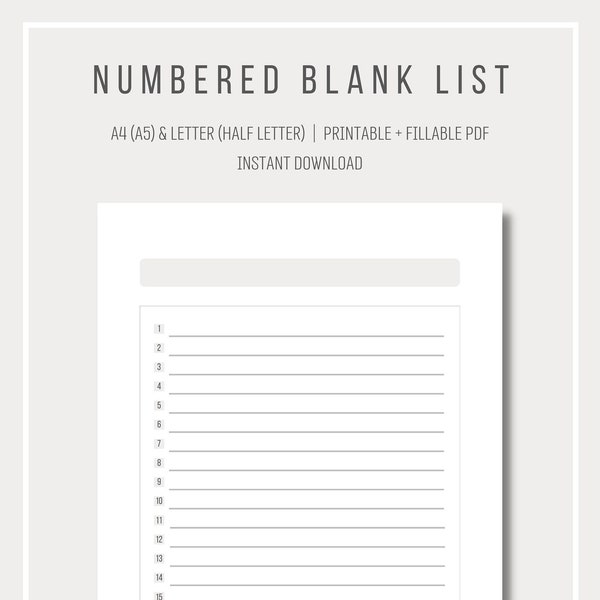 Numbered blank list | Simple list template | Printable list | Digital list | To do list | A4 and Letter size | Printable and fillable PDF