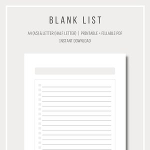 Printable blank list | Simple list template | Planner insert | Checklist | A4 and Letter size | Printable and fillable PDF