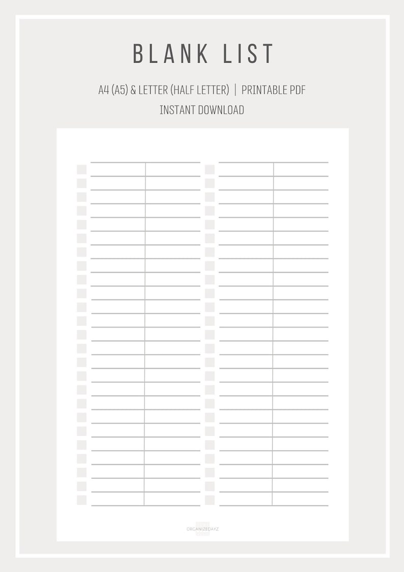 Blank List | Simple List Template | Printable List | Digital List | Two ...