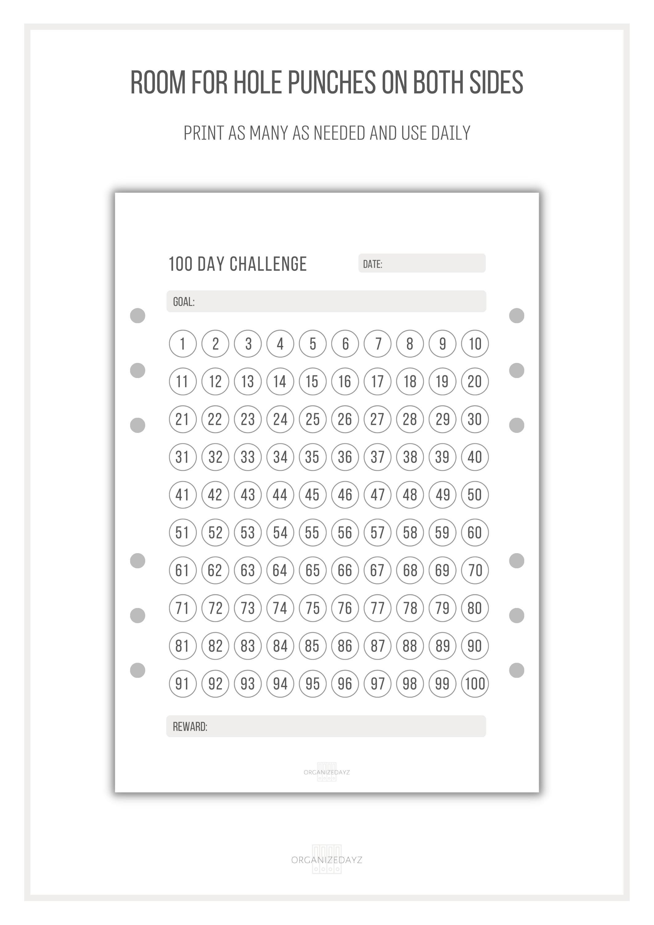 Printable 100 Day Challenge | Goal Setting | Planner Insert | Progress ...