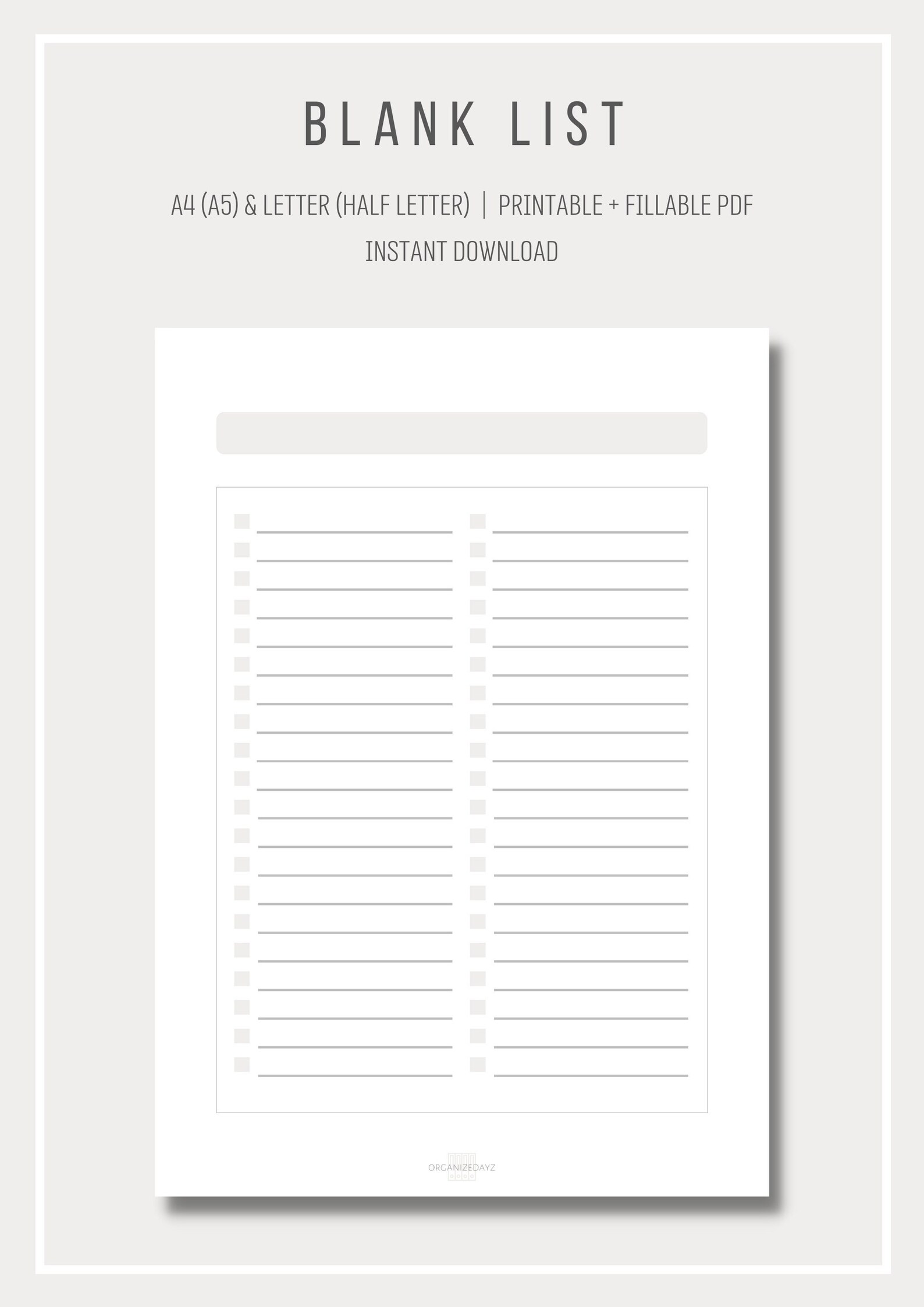 Plain List Example Printable Blank List | Simple List Template | Planner Insert ...