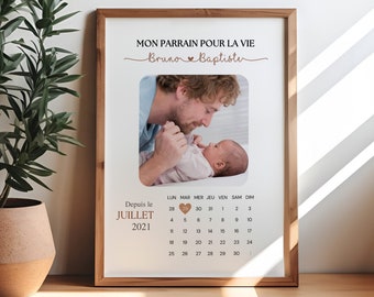 Affiche parrain marraine personnalisée calendrier date de baptême photo prénoms date importante idée cadeau noël cadeau marraine parrain