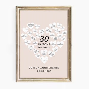 Peut inclure: Une affiche imprimable rose avec une forme de cœur faite de cœurs blancs. Chaque cœur a une raison d'aimer quelqu'un écrite en français. L'affiche dit "30 raisons de t'aimer" et "Joyeux Anniversaire 25.02.1983".