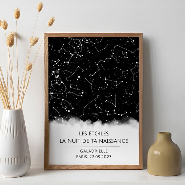 Carte des étoiles de naissance personnalisable cadeau nouveau né affiche naissance bébé les étoiles le jour de ta naissance