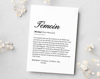 Carte définition témoin personnalisable annonce cadeau mariage carte texte personnalisé super témoin