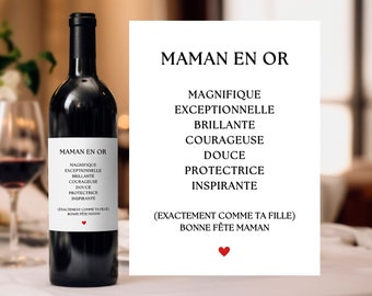 Étiquette vin fête des mères cadeau maman en or idée cadeau fête des mamans original cadeau pour une maman qui adore le vin