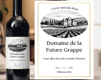 Wine label announcing pregnancy grandparents customizable you are going to become grandfather grandmother grandma grandma domain of the future grape